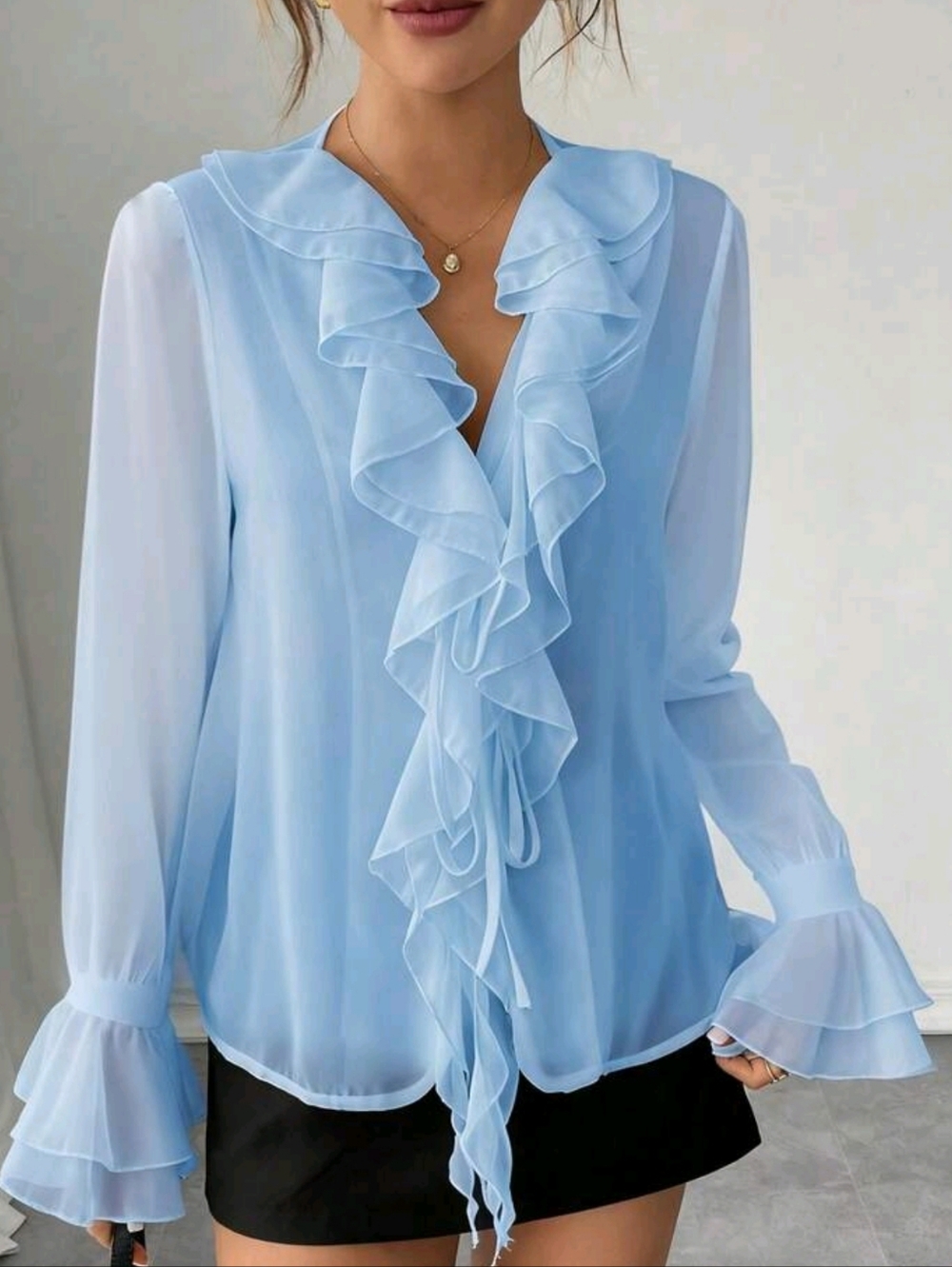 Light Blue Ruffle V-Neck Women's Blouse - Picture 3 of 6